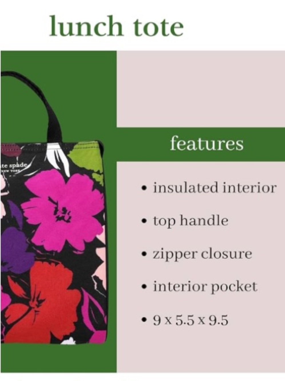Kate Spade Black and Pink Floral insulated lunch bag - Picture 2 of 8